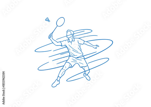 Illustration of a male badminton player aggressively hitting a shuttlecock during a game, surrounded by dynamic blue motion lines The vibrant artwork captures athletic energy