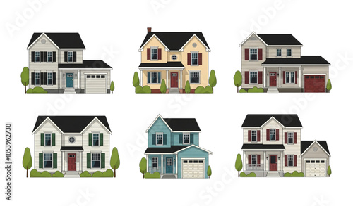 American suburban house vector set with flat residential buildings isolated on transparent background