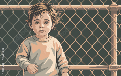 A young child standing alone behind a chain-link fence in a somber environment