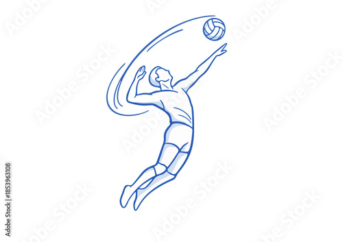 Action packed illustration features a volleyball player jumping high to spike the ball with dynamic motion lines