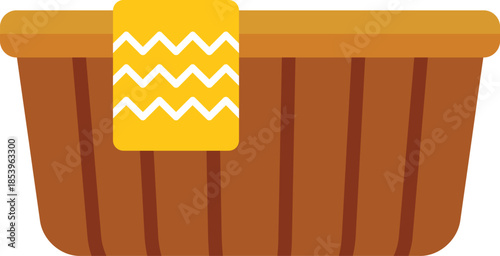 Empty wooden baby bathtub with towel hanging on side, waiting for baby to be bathed