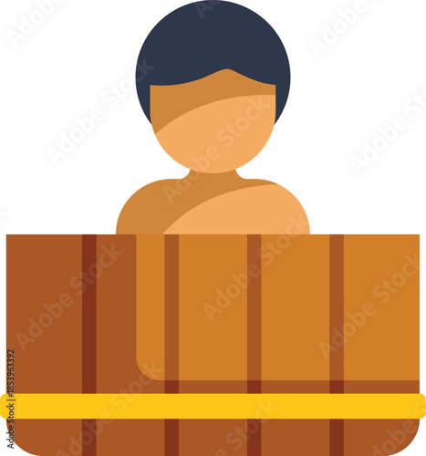 Illustration of a man enjoying a relaxing soak in a wooden hot tub, perfect for themes of wellness, self care, and outdoor spa experiences