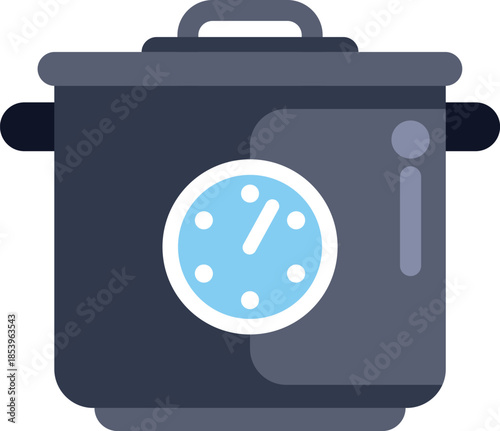 Modern kitchen appliance multicooker is working, showing remaining cooking time on display panel