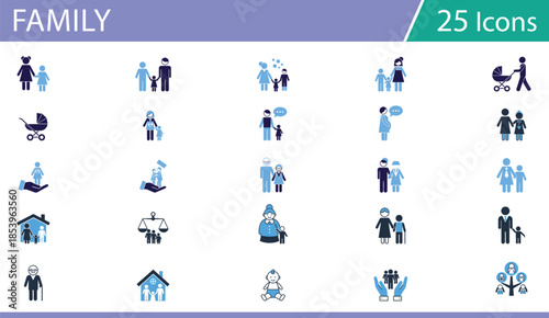 Grid of 25 blue and black line icons for family, parenting, and caregiving, ideal for emotional and educational vector content