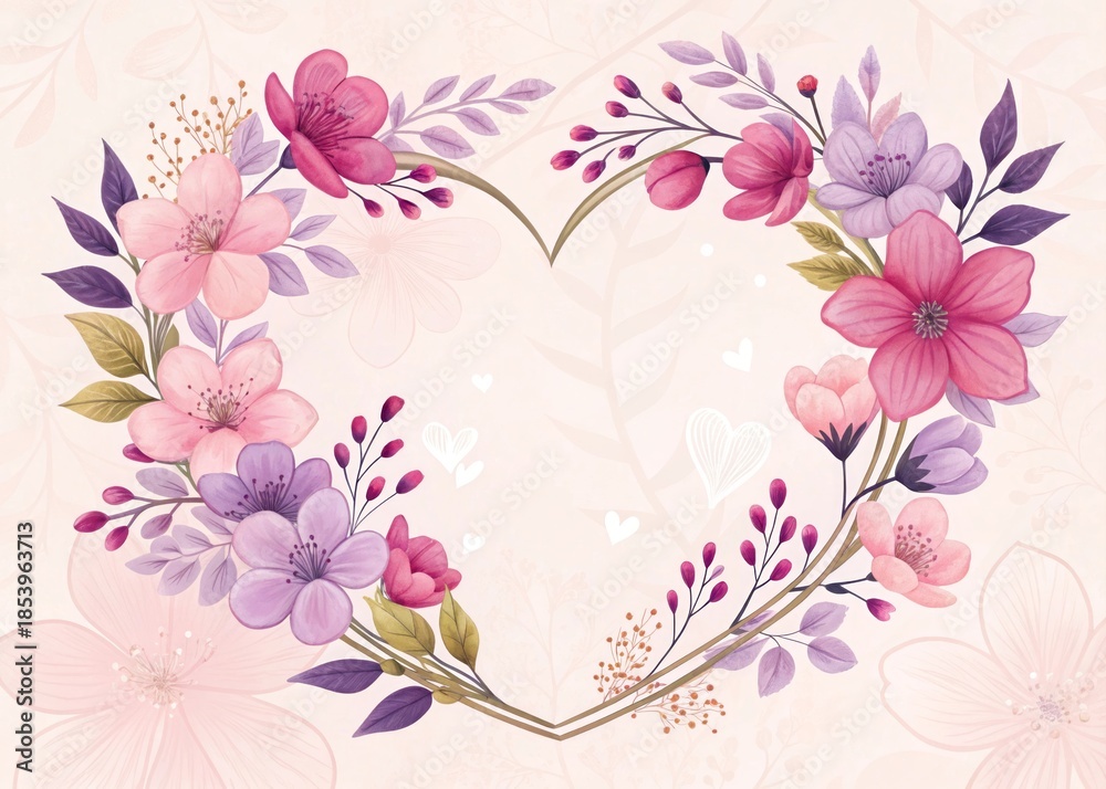 Obraz premium Romantic Floral Heart Design with Pink and Purple Flowers on Soft Background
