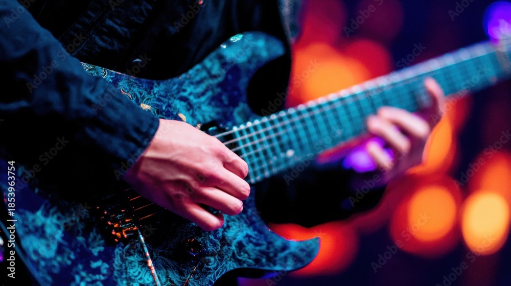 Obraz premium Musician plays guitar at a live concert surrounded by bright lights