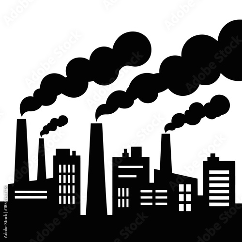 Silhouetted industrial buildings release smoke into the air, creating a stark cityscape.