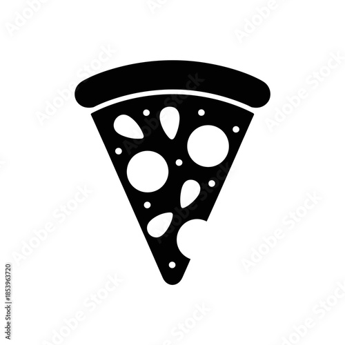 A simple black and white icon of a pizza slice featuring a bold crust and circular toppings.
