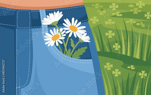 A close-up of a person's jeans pocket with daisies in a lush green field