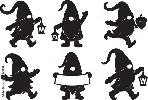 gnomes with long hats holding lantern acorn and blank banner in playful winter poses for Christmas design silhouette vector illustration