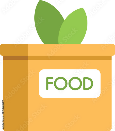 Donation box full of food with green leaves growing out from it, concept of food donation for poor people and hunger relief