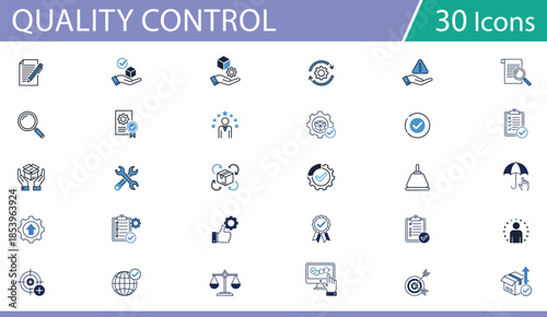 Grid of 30 blue and black line icons for business, legal, and quality assurance, ideal for professional vector content