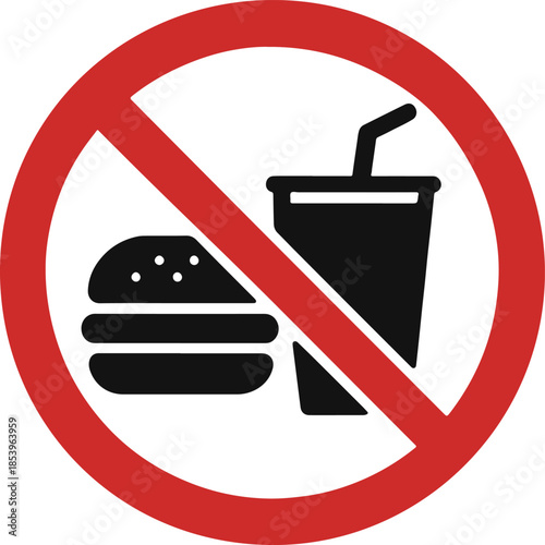 Prohibited sign with burger and drink color vector illustration. Eating and drinking restriction symbol for designated areas like public transport, offices. No food icon