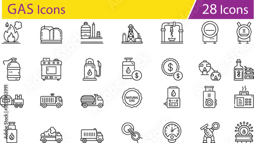 Oil and gas industry icons set, energy production symbols, fuel transport and refinery tools, black and white vector illustration