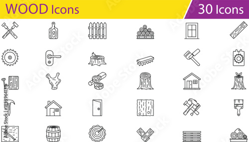 Woodworking and carpentry icons set, timber tools and materials, construction and repair symbols, black and white vector illustration