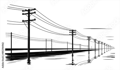 Perspective View Of Telephone Poles And Wires Stretching Into The Distance lines electricity