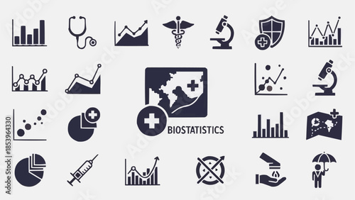 Biostatistics Icons Representing Health Data Analysis and Research.