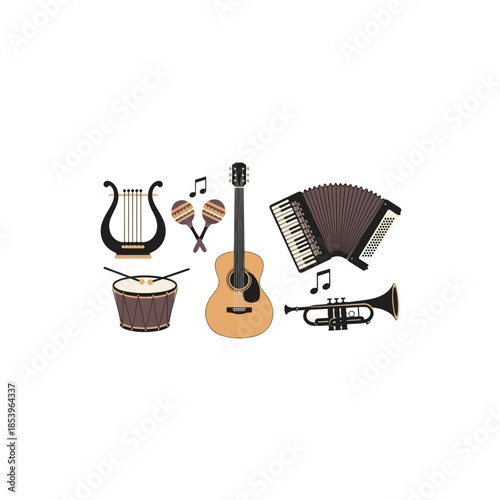 Collection of musical instruments including guitar harp drum accordion trumpet.