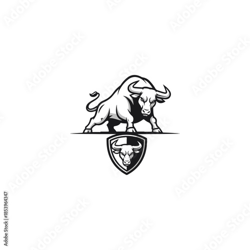 Bull emblem standing on line over shield logo.
