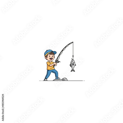 Cartoon boy fishing with rod and fish.