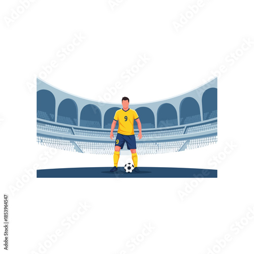 Soccer Player Standing With Ball In Stadium.