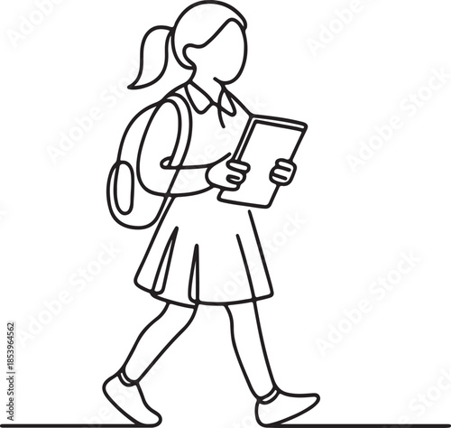 Single continuous line drawing of schoolgirl style with hold note and bag go to school. Education concept one line draw design line art vector illustration