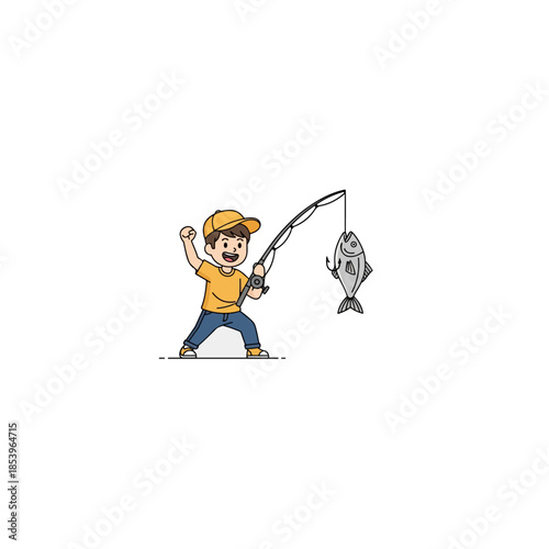 Cheerful Cartoon Boy Fishing With Rod.