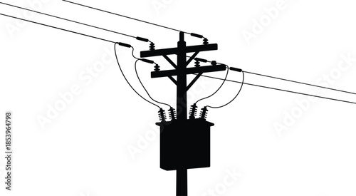 Silhouette of a single electricity pole with transformer and overhead wires power line