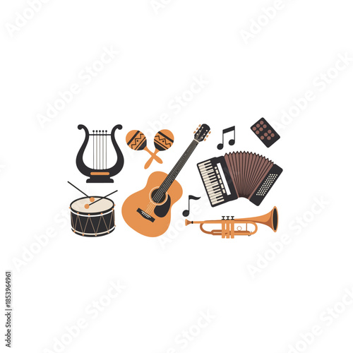 Musical instruments collage featuring guitar trumpet and drums.