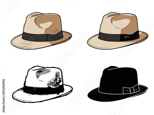 Set of four distinct hats, showcasing varied styles and colors, presented in a clean, illustrative format for diverse applications