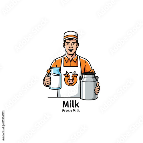 Milkman holding milk jug and milk can illustration.