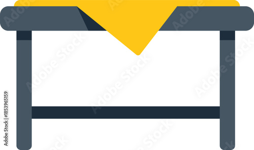 Simple icon of a wooden table with a yellow tablecloth hanging down on one side, representing minimalist furniture design