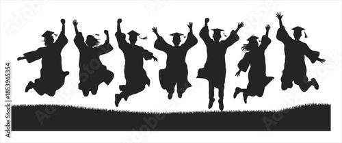 Silhouette of graduating students jumping with joy on grassy field graduation celebration