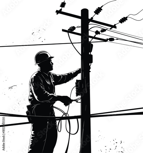 Silhouette of lineman working on utility pole with power lines electrician utility worker