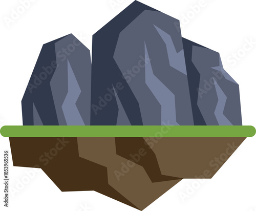 Floating island with large rocks and grass creates a surreal and dreamlike landscape