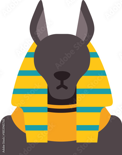 Illustration of anubis, egyptian god of the dead, wearing a striped nemes headdress, a gold collar, and a dark gray body