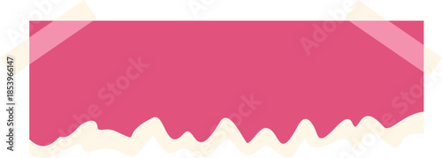 Pink sticky note paper with ripped edge fixed by adhesive tape, isolated on white background