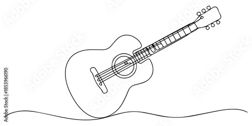 One Line Doodle Drawing of an Acoustic Guitar, Ukulele musical concept one line art, hand-drawn playing Hawaiian string instrument drawing continuous contour. Acoustic small guitar outline melody