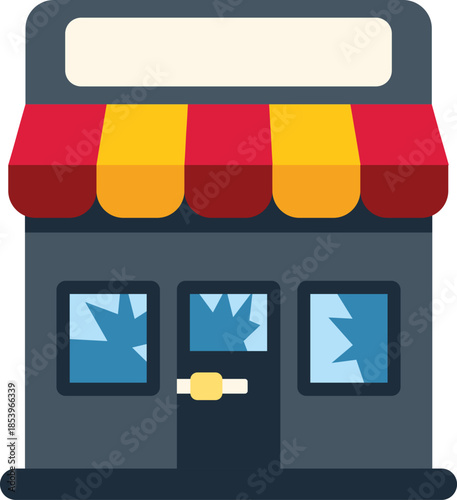 Closed storefront featuring shattered windows and a blank sign, symbolizing economic hardship, urban decay, or the aftermath of social unrest