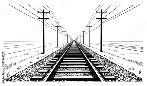 Straight railway tracks receding into the distance with power lines on poles railroad train