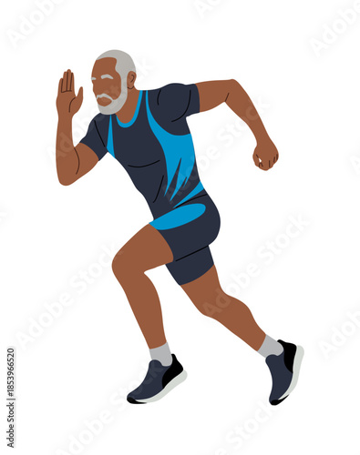 Elderly African American man running in athletic motion symbolizing active lifestyle health fitness and determination. Stylized minimalist vector illustration isolated on transparent background
