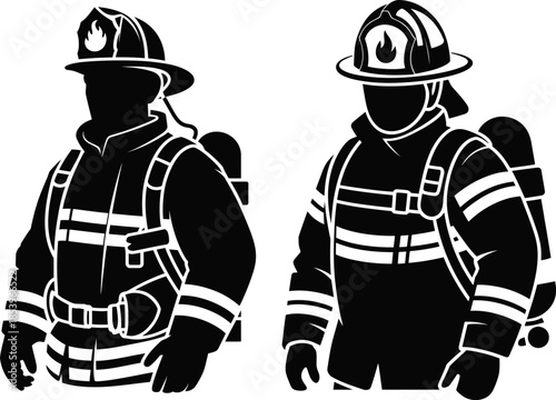 Title Firefighter Silhouettes Set, First Responder in Protective Gear with Helmet and Oxygen Tank Illustration