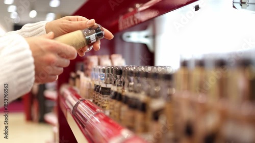 Woman’s hands in a white sweater selecting a foundation from a store shelf, showing the act of choosing beauty products. Concept beauty, choice, skincare.