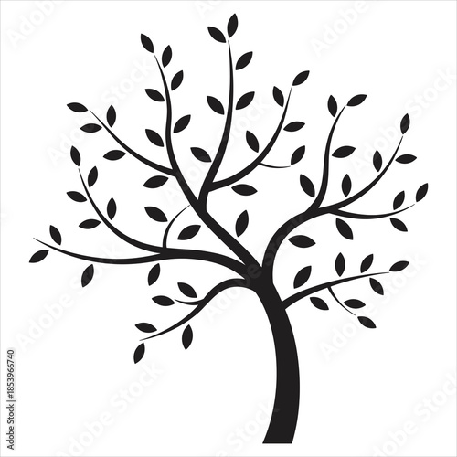 Stylized black silhouette of a deciduous tree with leaves branches