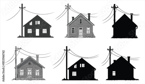Six illustrations of houses with power lines and varying styles home building