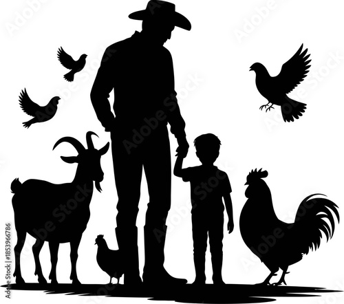 Farmer and Child with Farm Animals Silhouette