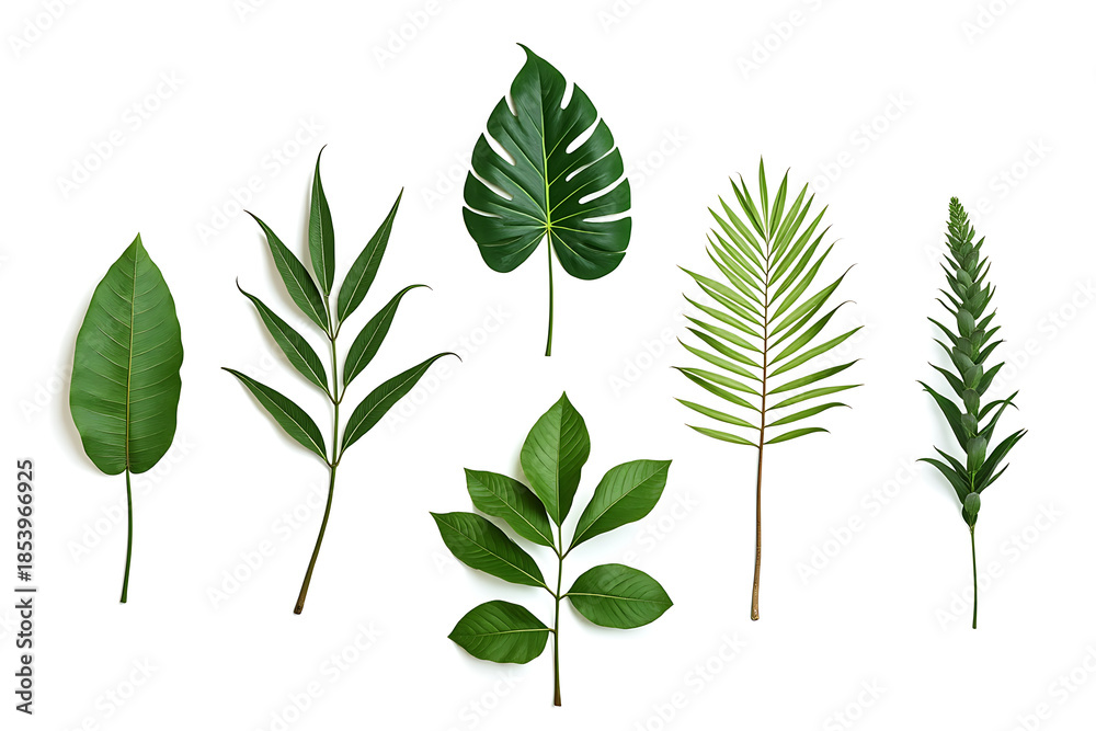 Fototapeta premium Collection of Six Diverse Green Leaves Isolated on a Clean White Background, Botanical Variety and Design Elements