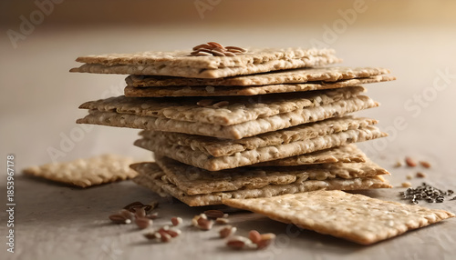 Stack of Whole Grain Crispbread Crackers with Seeds for Healthy Snacking