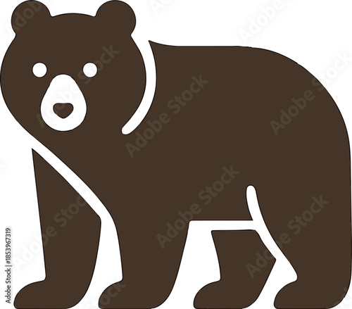 Minimalist flat vector illustration of a brown grizzly bear standing on a grey background for wildlife logo design and nature conservation branding projects