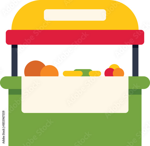 Colorful illustration of a fruit stand selling various fruits at a farmers market, promoting healthy eating and local produce